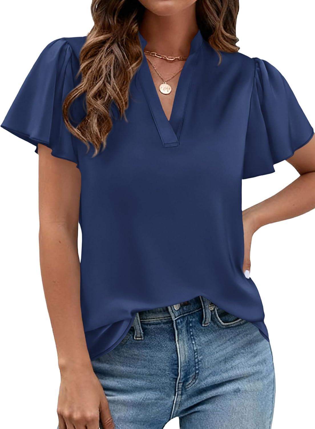 imagePRETTYGARDEN Womens 2026 Summer Satin Blouses Dressy Casual Ruffle Cap Sleeve V Neck Business Work Cute Tops Spring OutfitsNavy Blue