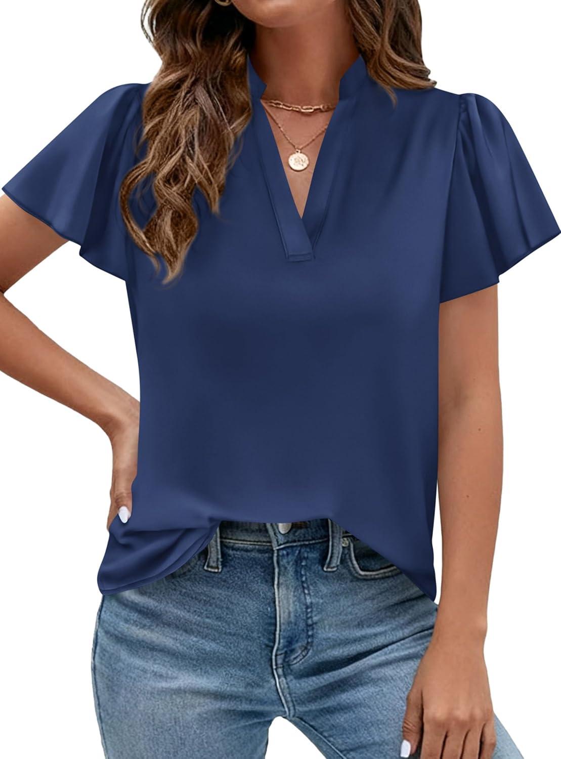 imagePRETTYGARDEN Womens 2026 Summer Satin Blouses Dressy Casual Ruffle Cap Sleeve V Neck Business Work Cute Tops Spring OutfitsNavy Blue