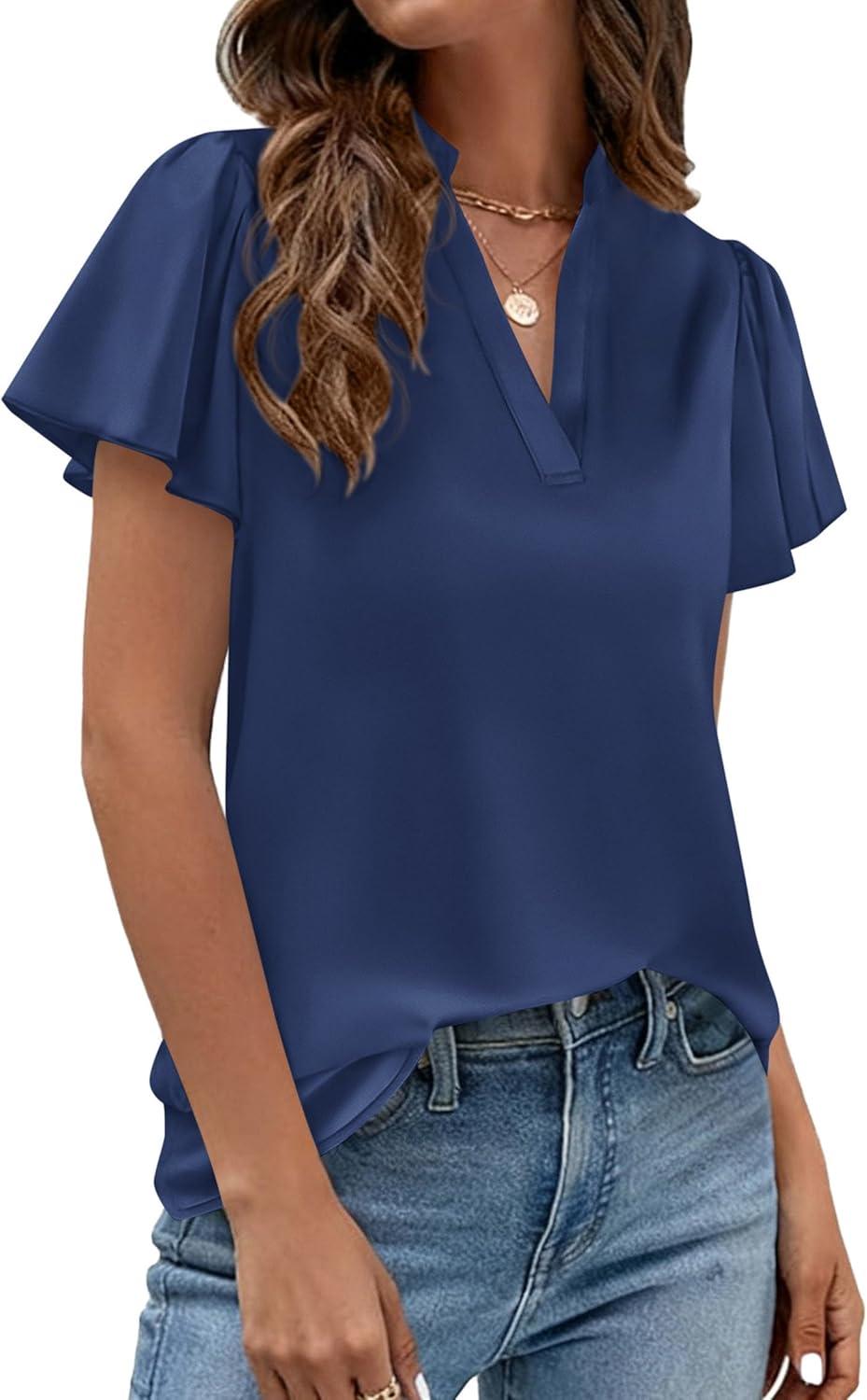 imagePRETTYGARDEN Womens 2026 Summer Satin Blouses Dressy Casual Ruffle Cap Sleeve V Neck Business Work Cute Tops Spring OutfitsNavy Blue