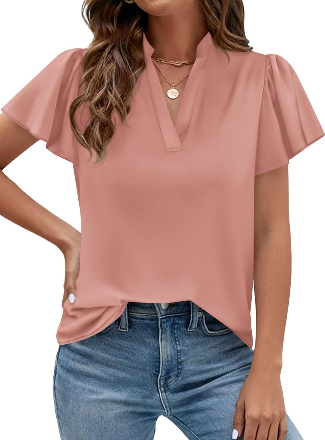 imagePRETTYGARDEN Womens 2026 Summer Satin Blouses Dressy Casual Ruffle Cap Sleeve V Neck Business Work Cute Tops Spring OutfitsPink
