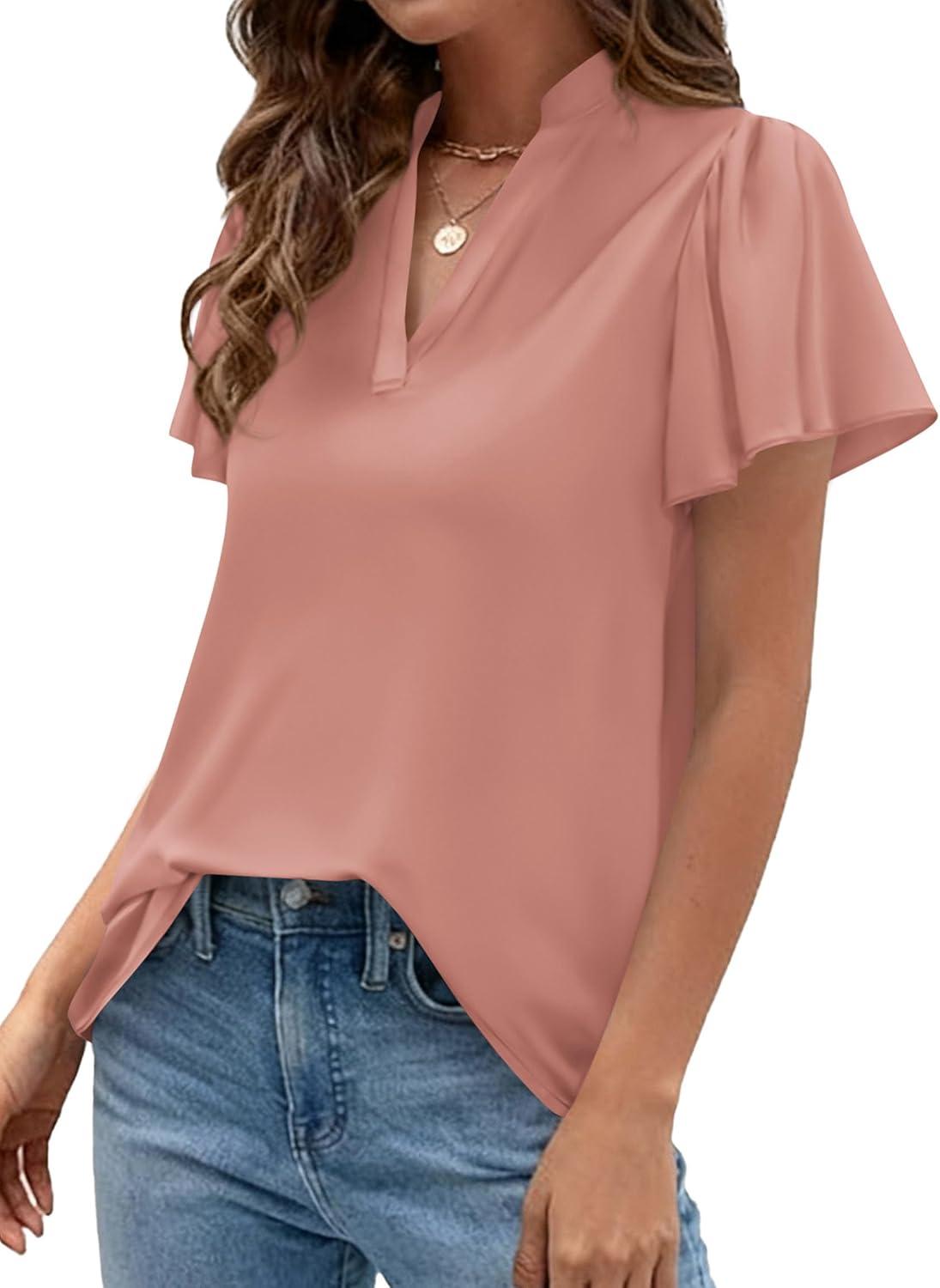 imagePRETTYGARDEN Womens 2026 Summer Satin Blouses Dressy Casual Ruffle Cap Sleeve V Neck Business Work Cute Tops Spring OutfitsPink
