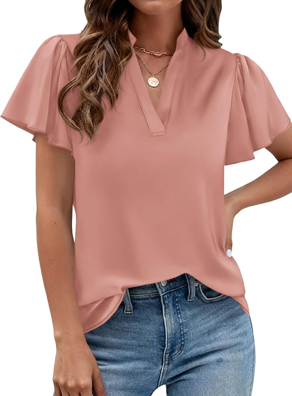 imagePRETTYGARDEN Womens 2026 Summer Satin Blouses Dressy Casual Ruffle Cap Sleeve V Neck Business Work Cute Tops Spring OutfitsPink