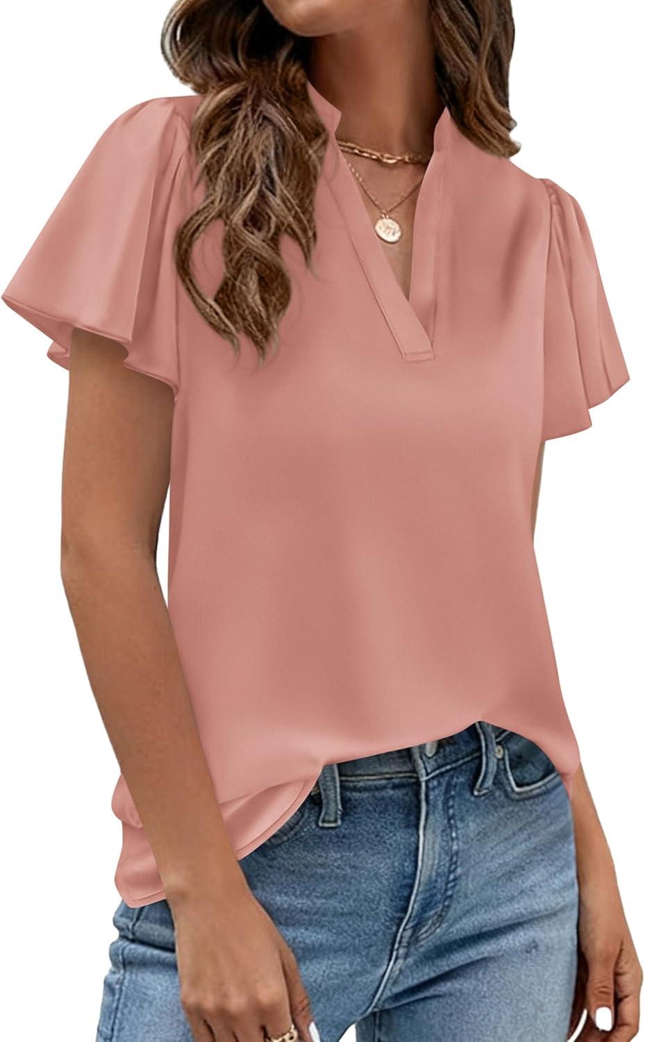imagePRETTYGARDEN Womens 2026 Summer Satin Blouses Dressy Casual Ruffle Cap Sleeve V Neck Business Work Cute Tops Spring OutfitsPink