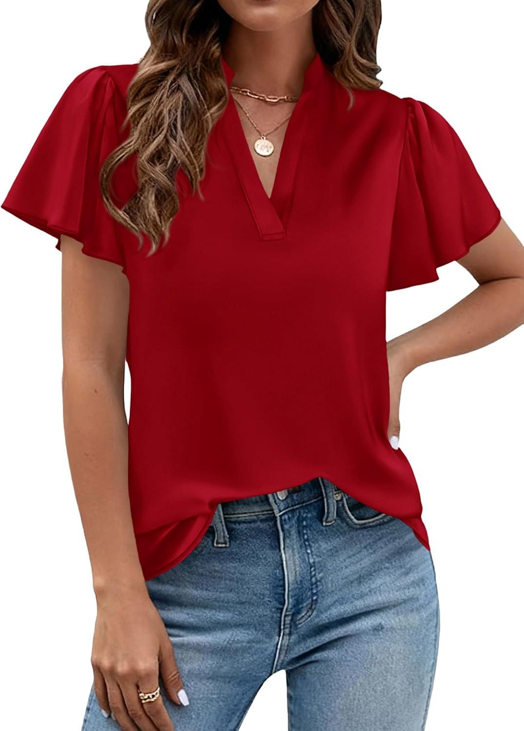 imagePRETTYGARDEN Womens 2026 Summer Satin Blouses Dressy Casual Ruffle Cap Sleeve V Neck Business Work Cute Tops Spring OutfitsRed