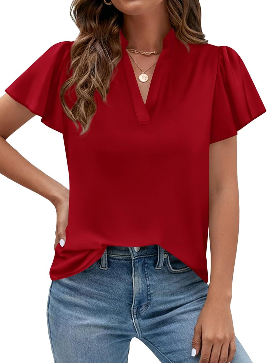imagePRETTYGARDEN Womens 2026 Summer Satin Blouses Dressy Casual Ruffle Cap Sleeve V Neck Business Work Cute Tops Spring OutfitsRed