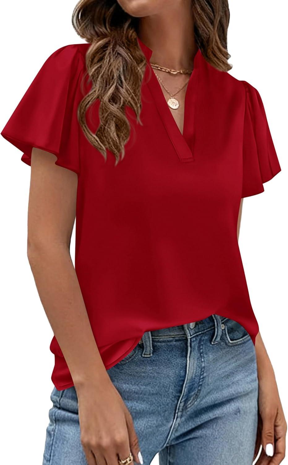 imagePRETTYGARDEN Womens 2026 Summer Satin Blouses Dressy Casual Ruffle Cap Sleeve V Neck Business Work Cute Tops Spring OutfitsRed