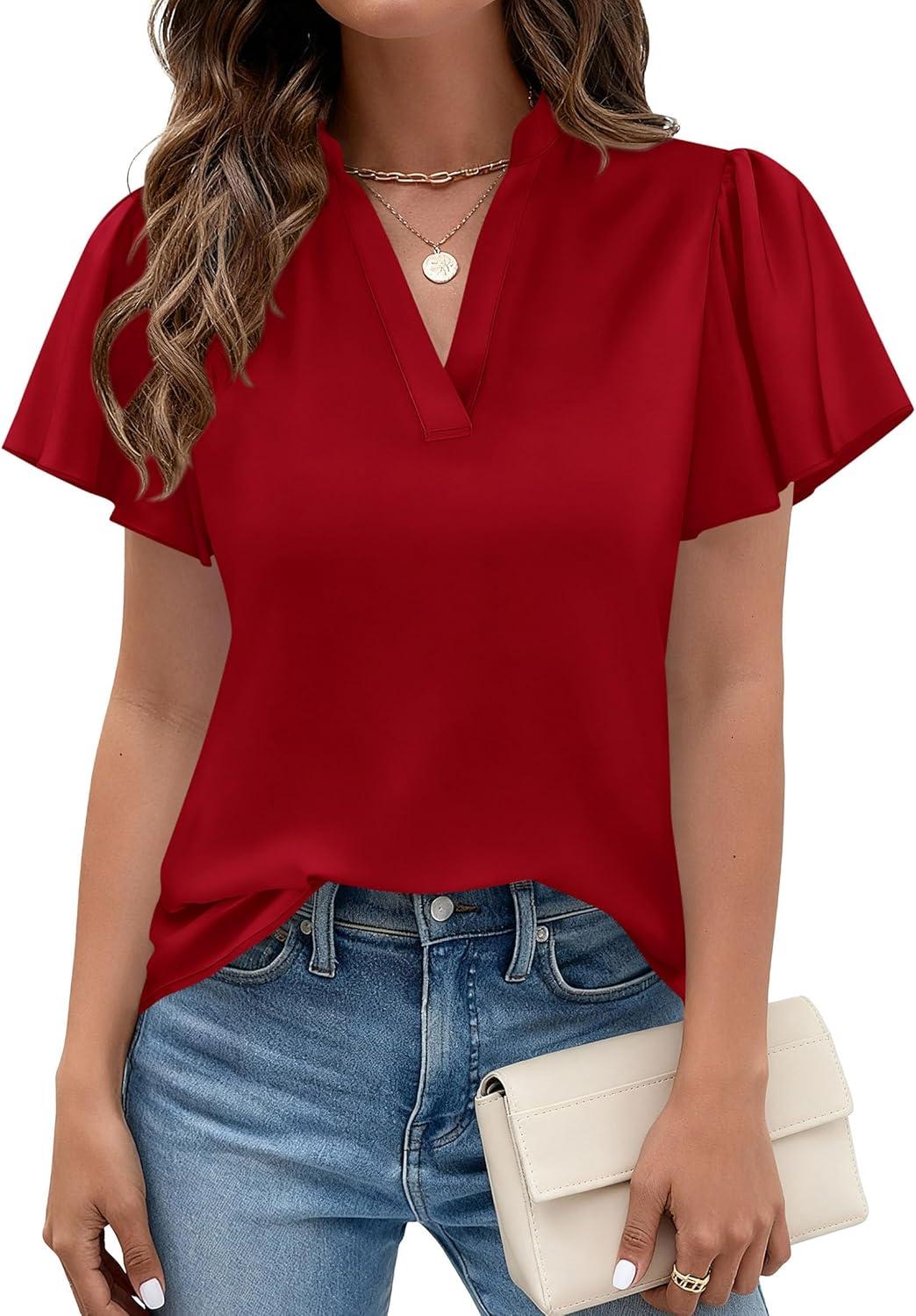 imagePRETTYGARDEN Womens 2026 Summer Satin Blouses Dressy Casual Ruffle Cap Sleeve V Neck Business Work Cute Tops Spring OutfitsRed