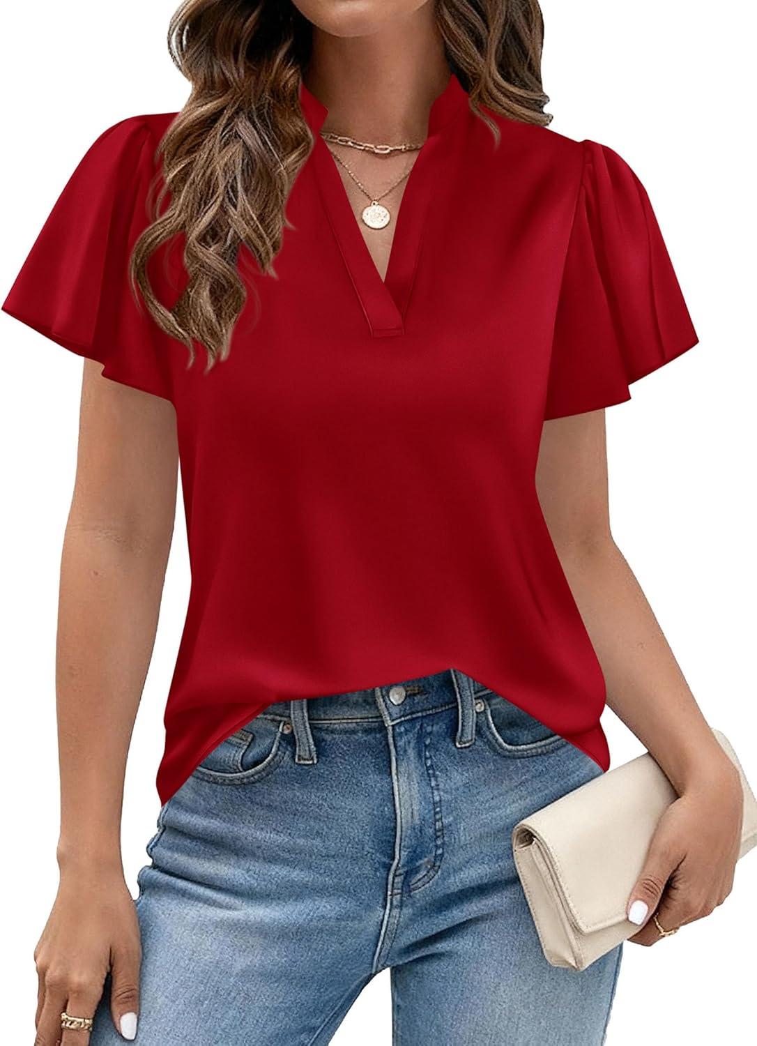 imagePRETTYGARDEN Womens 2026 Summer Satin Blouses Dressy Casual Ruffle Cap Sleeve V Neck Business Work Cute Tops Spring OutfitsRed