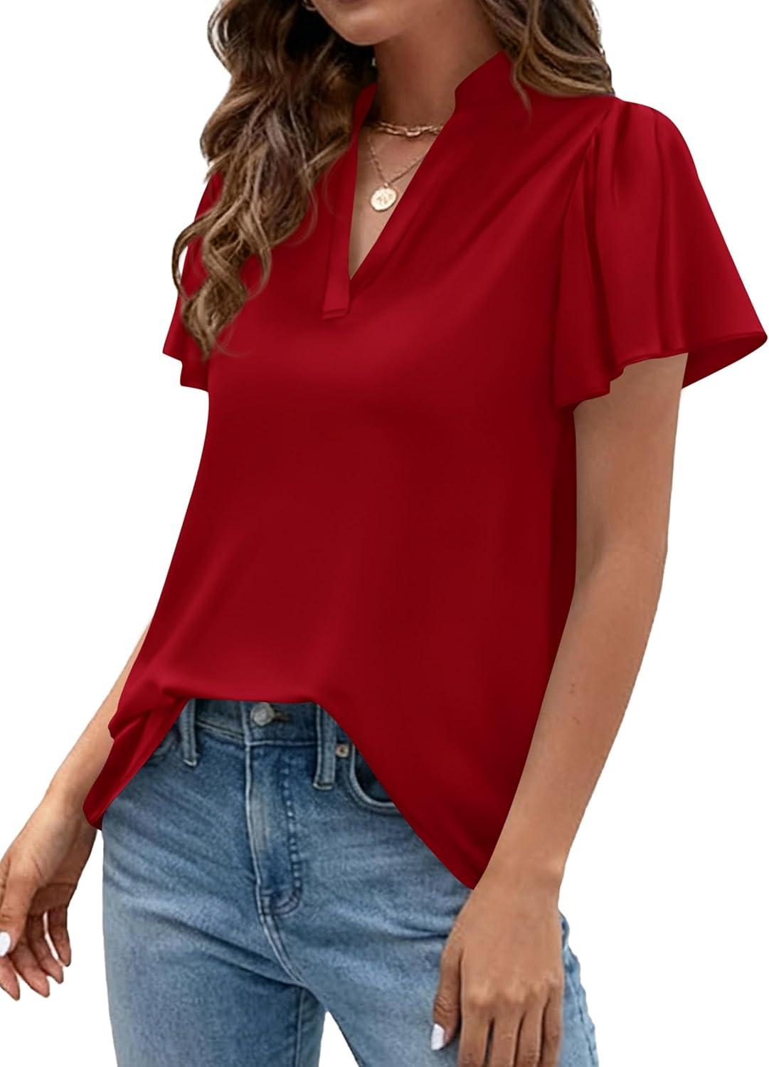 imagePRETTYGARDEN Womens 2026 Summer Satin Blouses Dressy Casual Ruffle Cap Sleeve V Neck Business Work Cute Tops Spring OutfitsRed