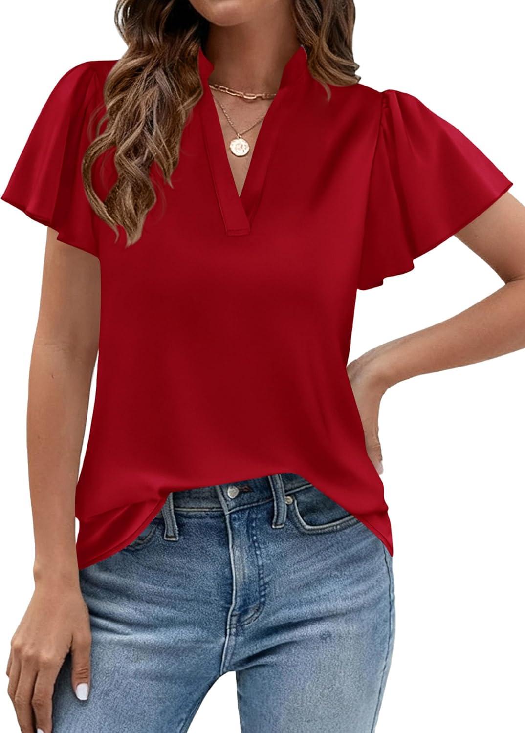 imagePRETTYGARDEN Womens 2026 Summer Satin Blouses Dressy Casual Ruffle Cap Sleeve V Neck Business Work Cute Tops Spring OutfitsRed