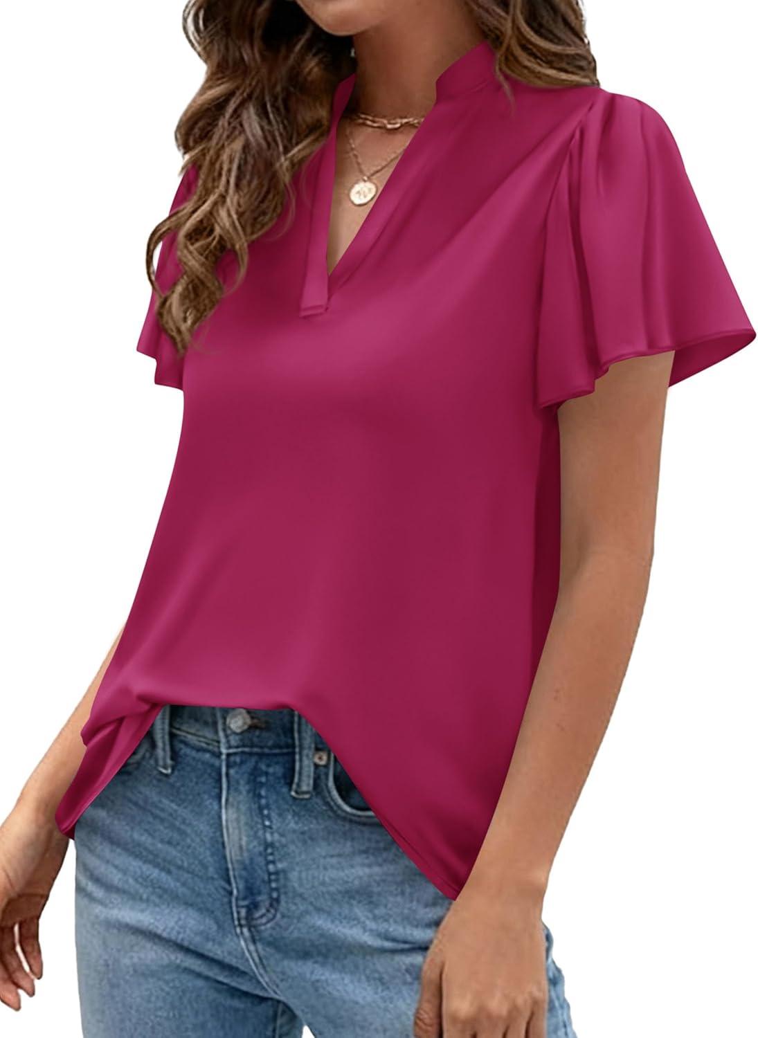 imagePRETTYGARDEN Womens 2026 Summer Satin Blouses Dressy Casual Ruffle Cap Sleeve V Neck Business Work Cute Tops Spring OutfitsRose Purple