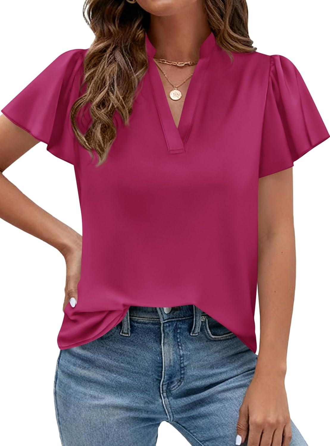 imagePRETTYGARDEN Womens 2026 Summer Satin Blouses Dressy Casual Ruffle Cap Sleeve V Neck Business Work Cute Tops Spring OutfitsRose Purple