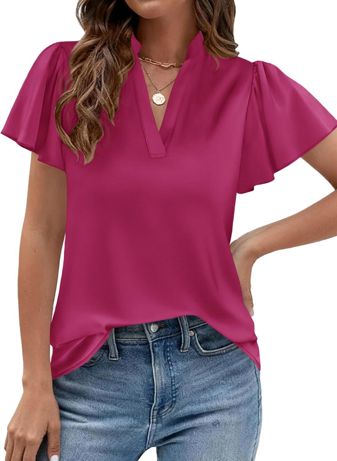 imagePRETTYGARDEN Womens 2026 Summer Satin Blouses Dressy Casual Ruffle Cap Sleeve V Neck Business Work Cute Tops Spring OutfitsRose Purple