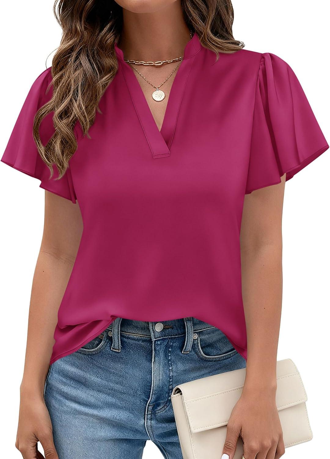 imagePRETTYGARDEN Womens 2026 Summer Satin Blouses Dressy Casual Ruffle Cap Sleeve V Neck Business Work Cute Tops Spring OutfitsRose Purple