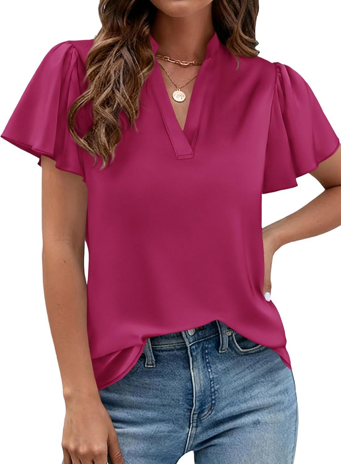 imagePRETTYGARDEN Womens 2026 Summer Satin Blouses Dressy Casual Ruffle Cap Sleeve V Neck Business Work Cute Tops Spring OutfitsRose Purple