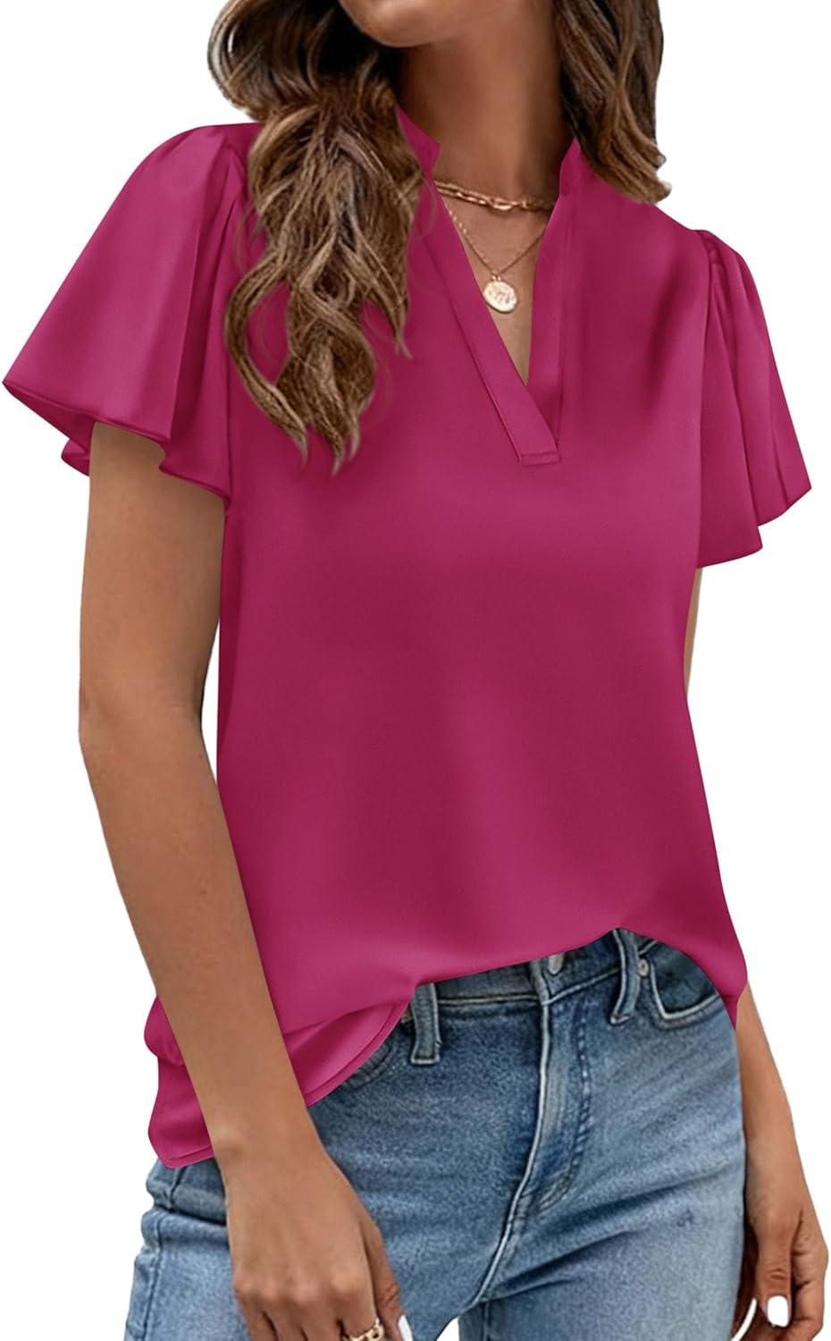 imagePRETTYGARDEN Womens 2026 Summer Satin Blouses Dressy Casual Ruffle Cap Sleeve V Neck Business Work Cute Tops Spring OutfitsRose Purple