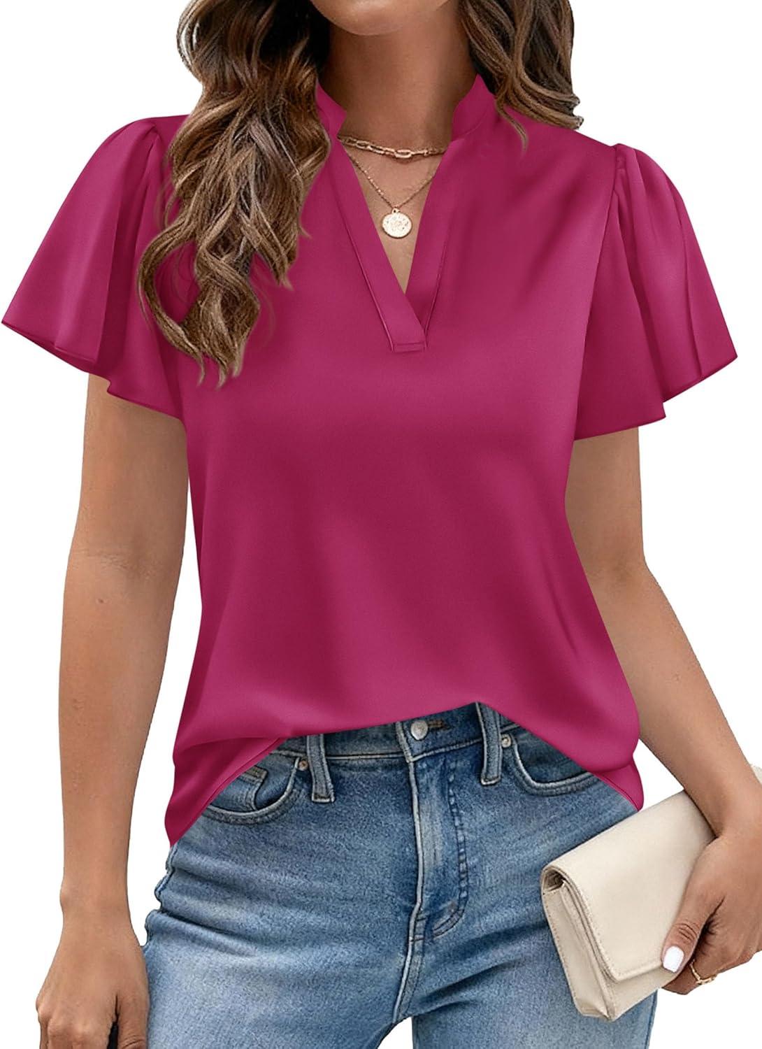 imagePRETTYGARDEN Womens 2026 Summer Satin Blouses Dressy Casual Ruffle Cap Sleeve V Neck Business Work Cute Tops Spring OutfitsRose Purple