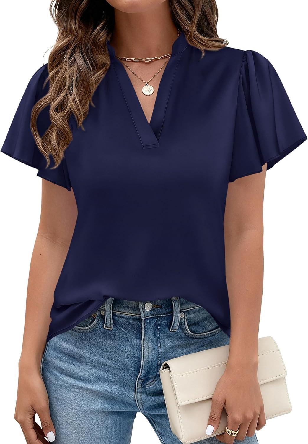imagePRETTYGARDEN Womens 2026 Summer Satin Blouses Dressy Casual Ruffle Cap Sleeve V Neck Business Work Cute Tops Spring OutfitsRoyal Blue