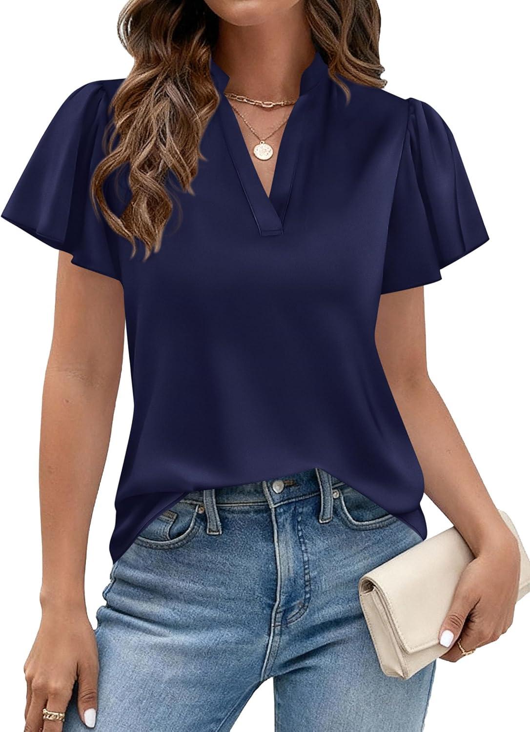 imagePRETTYGARDEN Womens 2026 Summer Satin Blouses Dressy Casual Ruffle Cap Sleeve V Neck Business Work Cute Tops Spring OutfitsRoyal Blue