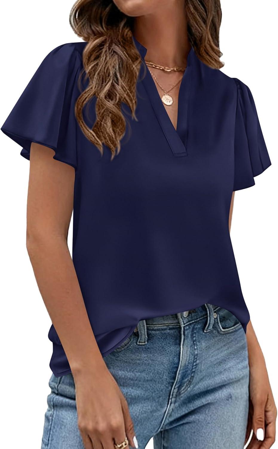 imagePRETTYGARDEN Womens 2026 Summer Satin Blouses Dressy Casual Ruffle Cap Sleeve V Neck Business Work Cute Tops Spring OutfitsRoyal Blue