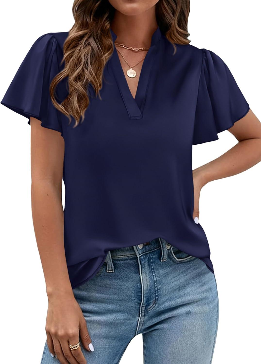 imagePRETTYGARDEN Womens 2026 Summer Satin Blouses Dressy Casual Ruffle Cap Sleeve V Neck Business Work Cute Tops Spring OutfitsRoyal Blue