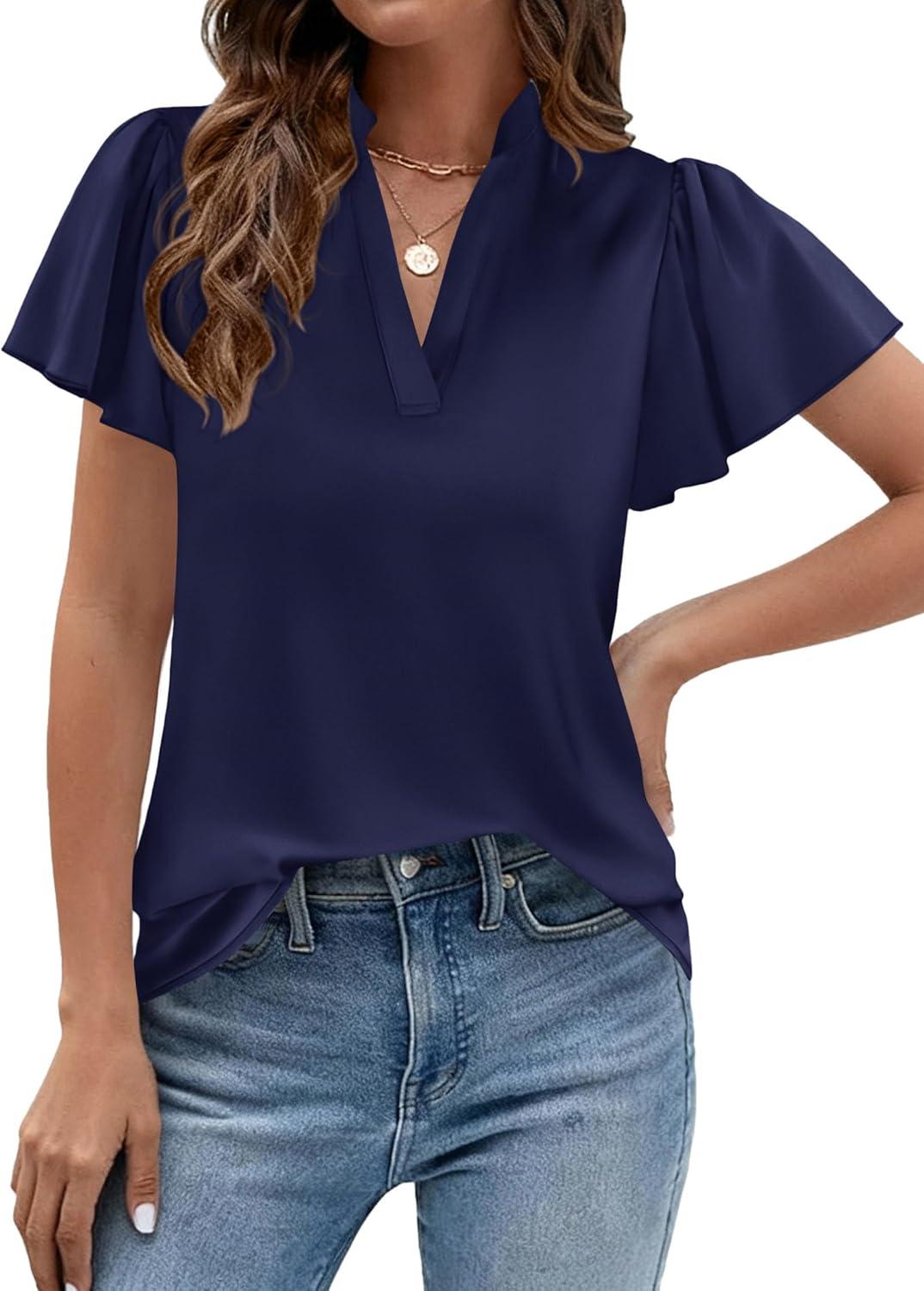imagePRETTYGARDEN Womens 2026 Summer Satin Blouses Dressy Casual Ruffle Cap Sleeve V Neck Business Work Cute Tops Spring OutfitsRoyal Blue