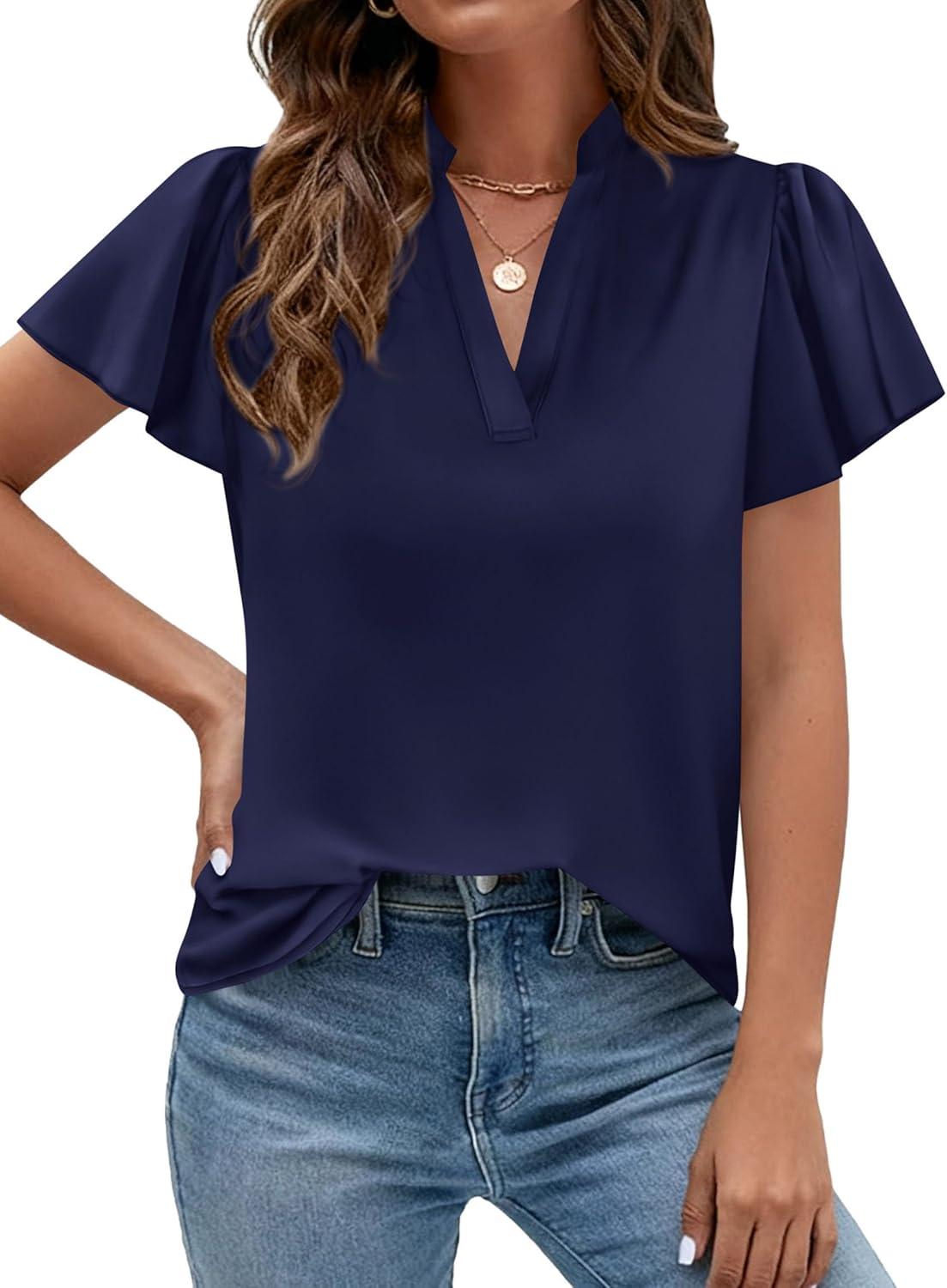 imagePRETTYGARDEN Womens 2026 Summer Satin Blouses Dressy Casual Ruffle Cap Sleeve V Neck Business Work Cute Tops Spring OutfitsRoyal Blue