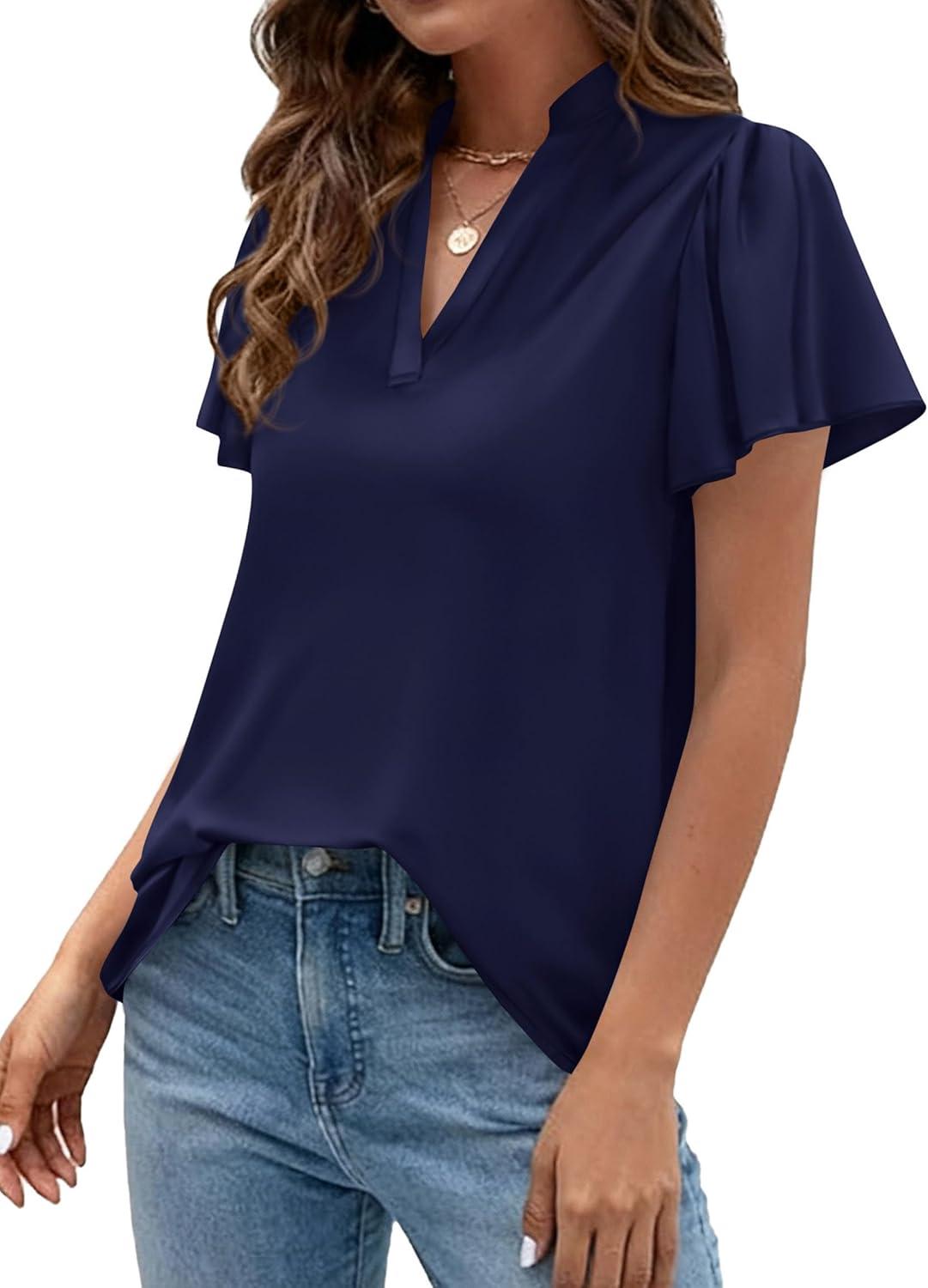 imagePRETTYGARDEN Womens 2026 Summer Satin Blouses Dressy Casual Ruffle Cap Sleeve V Neck Business Work Cute Tops Spring OutfitsRoyal Blue