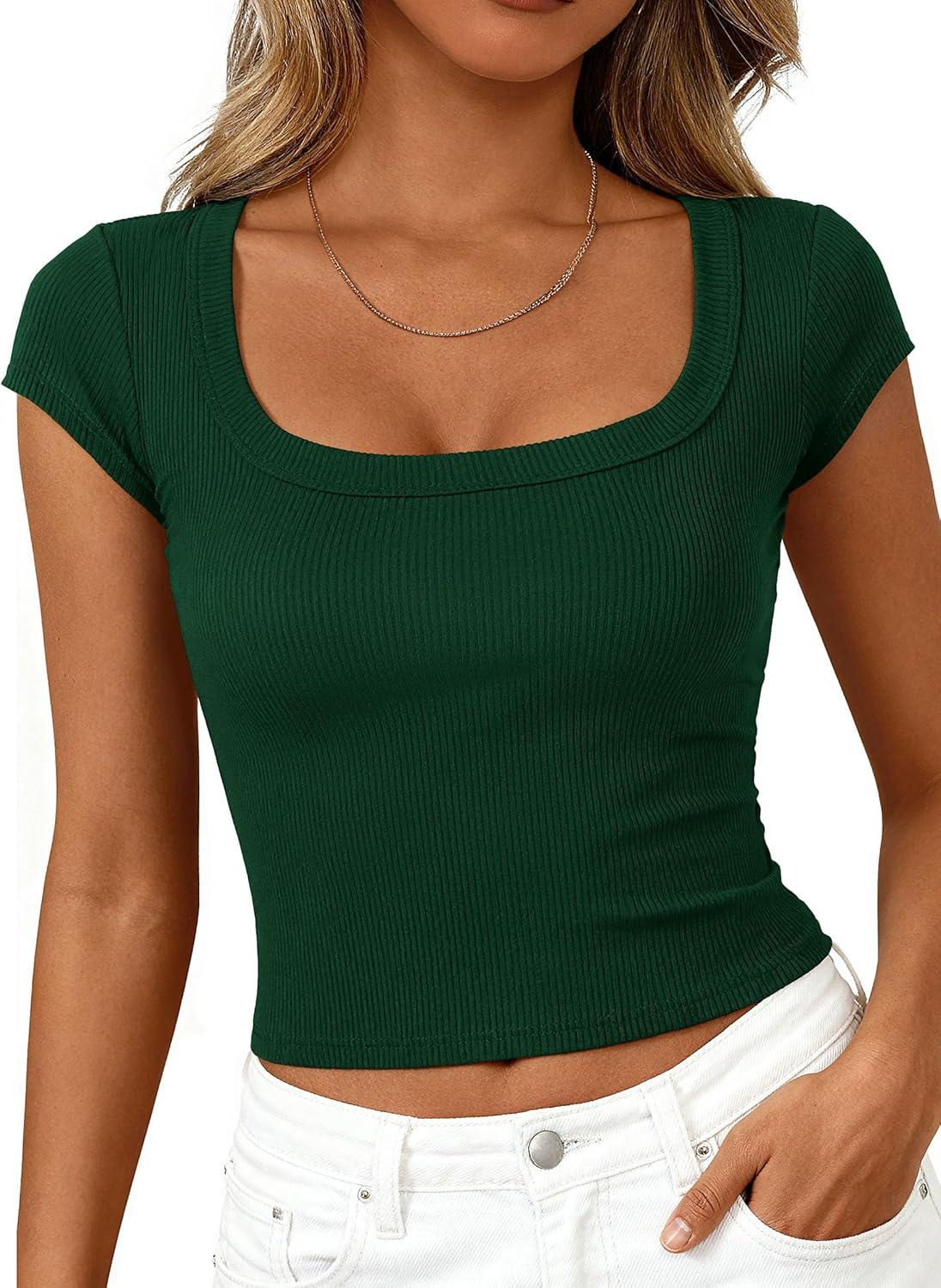 imagePRETTYGARDEN Womens Cap Sleeve T Shirts 2026 Square Neck Basic Tees Slim Fit Ribbed Knit Spring Going Out Tops Summer ClothesDark Green