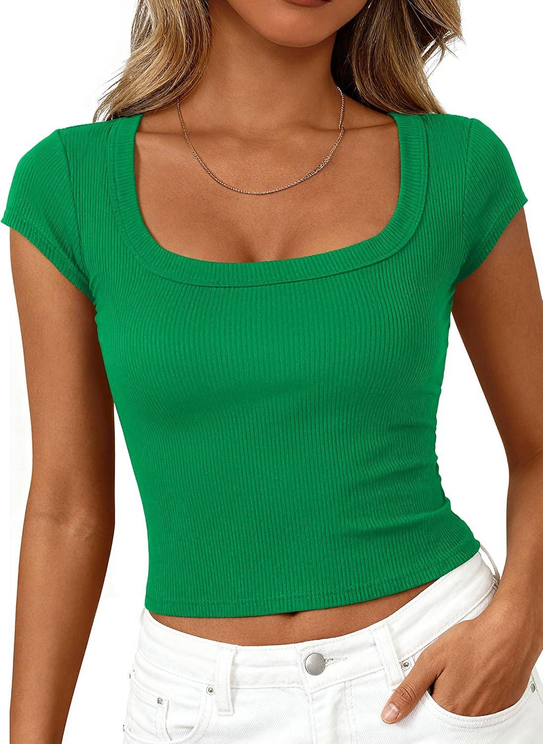 imagePRETTYGARDEN Womens Cap Sleeve T Shirts 2026 Square Neck Basic Tees Slim Fit Ribbed Knit Spring Going Out Tops Summer ClothesGreen