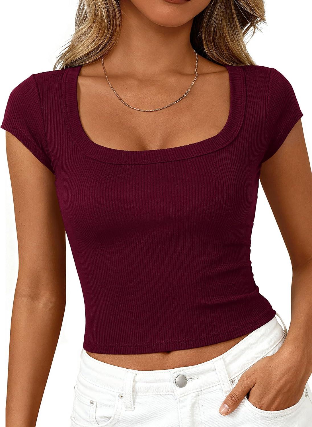 imagePRETTYGARDEN Womens Cap Sleeve T Shirts 2026 Square Neck Basic Tees Slim Fit Ribbed Knit Spring Going Out Tops Summer ClothesWine Red