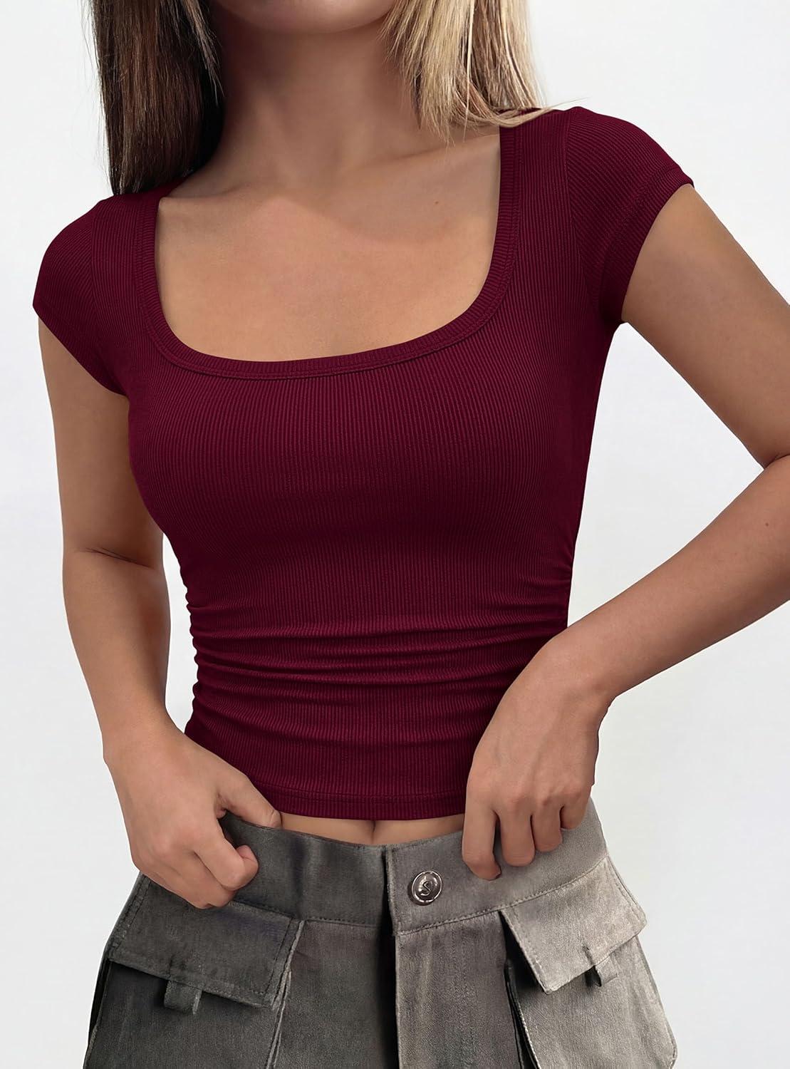imagePRETTYGARDEN Womens Cap Sleeve T Shirts 2026 Square Neck Basic Tees Slim Fit Ribbed Knit Spring Going Out Tops Summer ClothesWine Red
