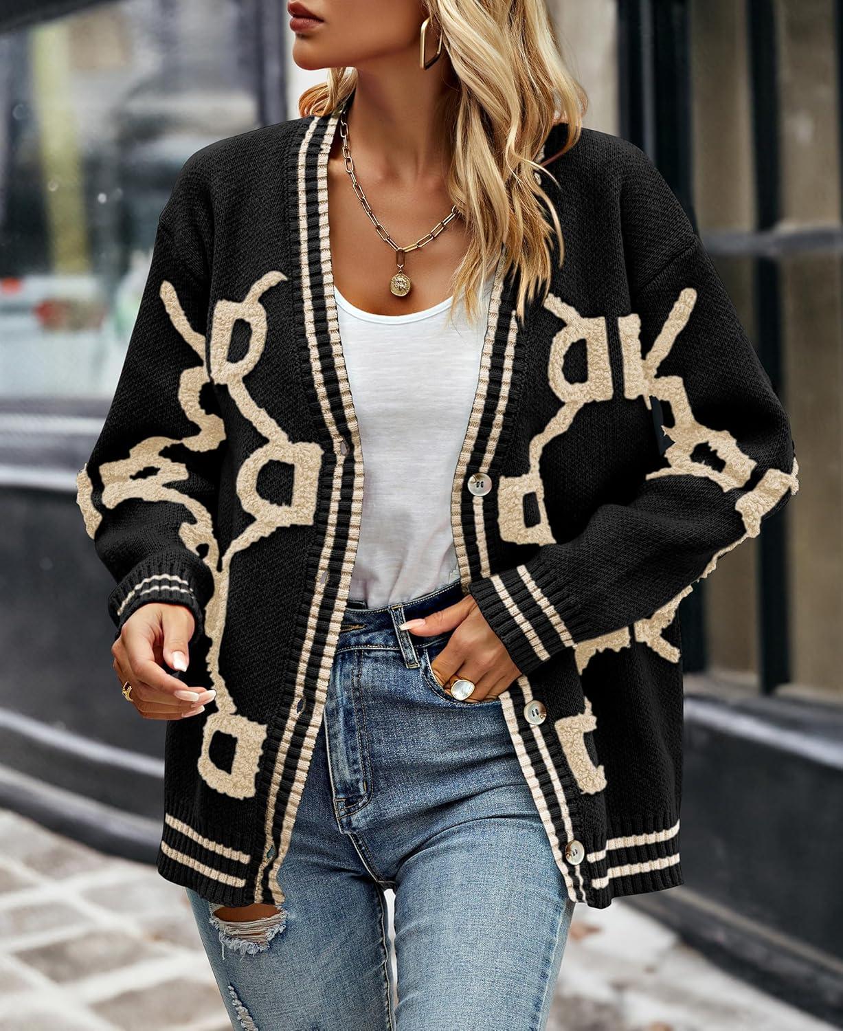 imagePRETTYGARDEN Womens Spring Fall Chunky Knit Cardigan Sweaters Casual Open Front Button Up Winter Coats OuterwearBlack Apricot
