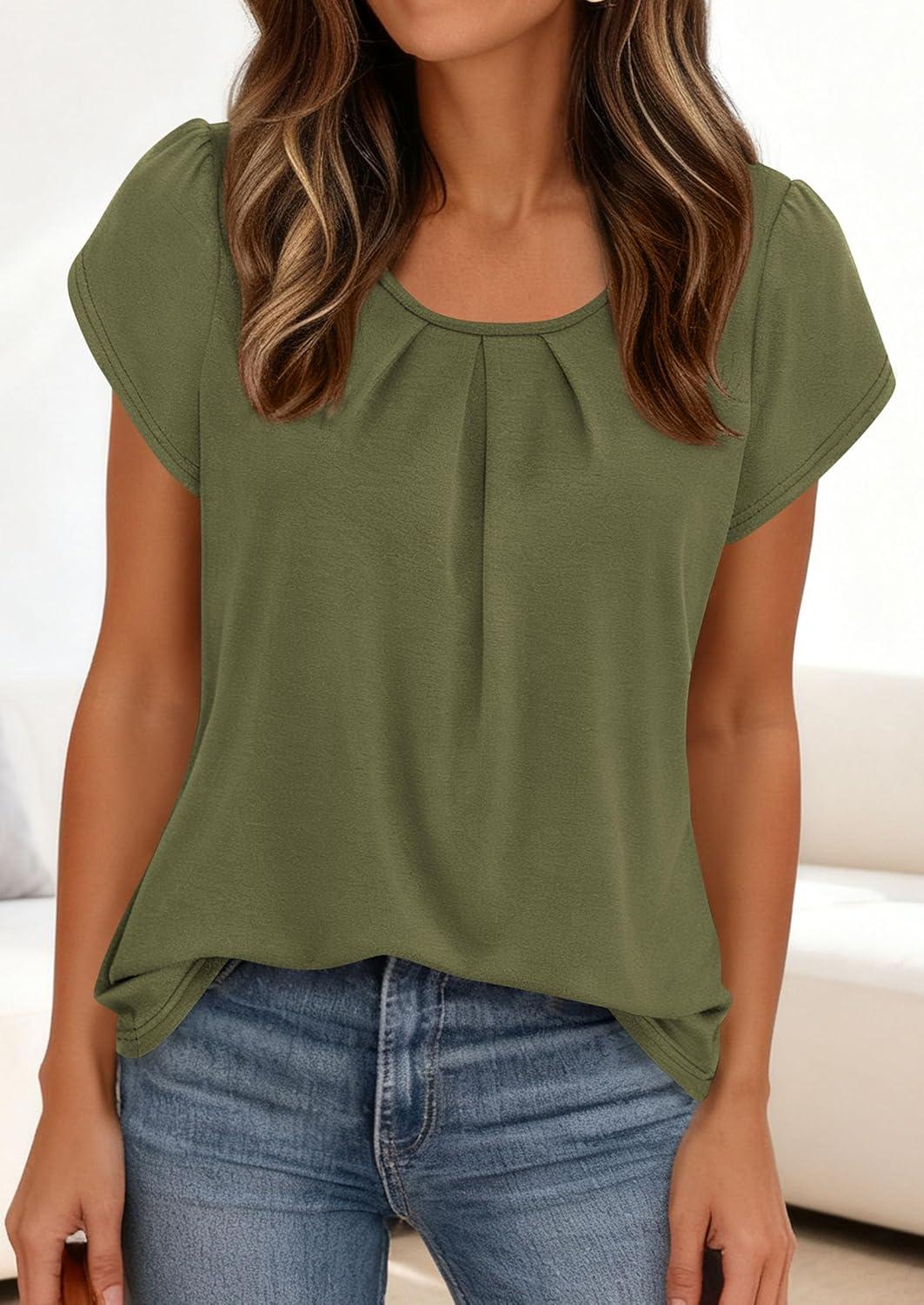 imagePRETTYGARDEN Womens Tops Dressy Casual Summer 2026 Short Sleeve Blouses Crew Neck Pleated Basic T Shirts Spring ClothesArmy Green