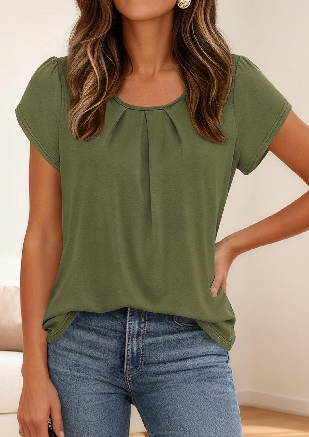 imagePRETTYGARDEN Womens Tops Dressy Casual Summer 2026 Short Sleeve Blouses Crew Neck Pleated Basic T Shirts Spring ClothesArmy Green