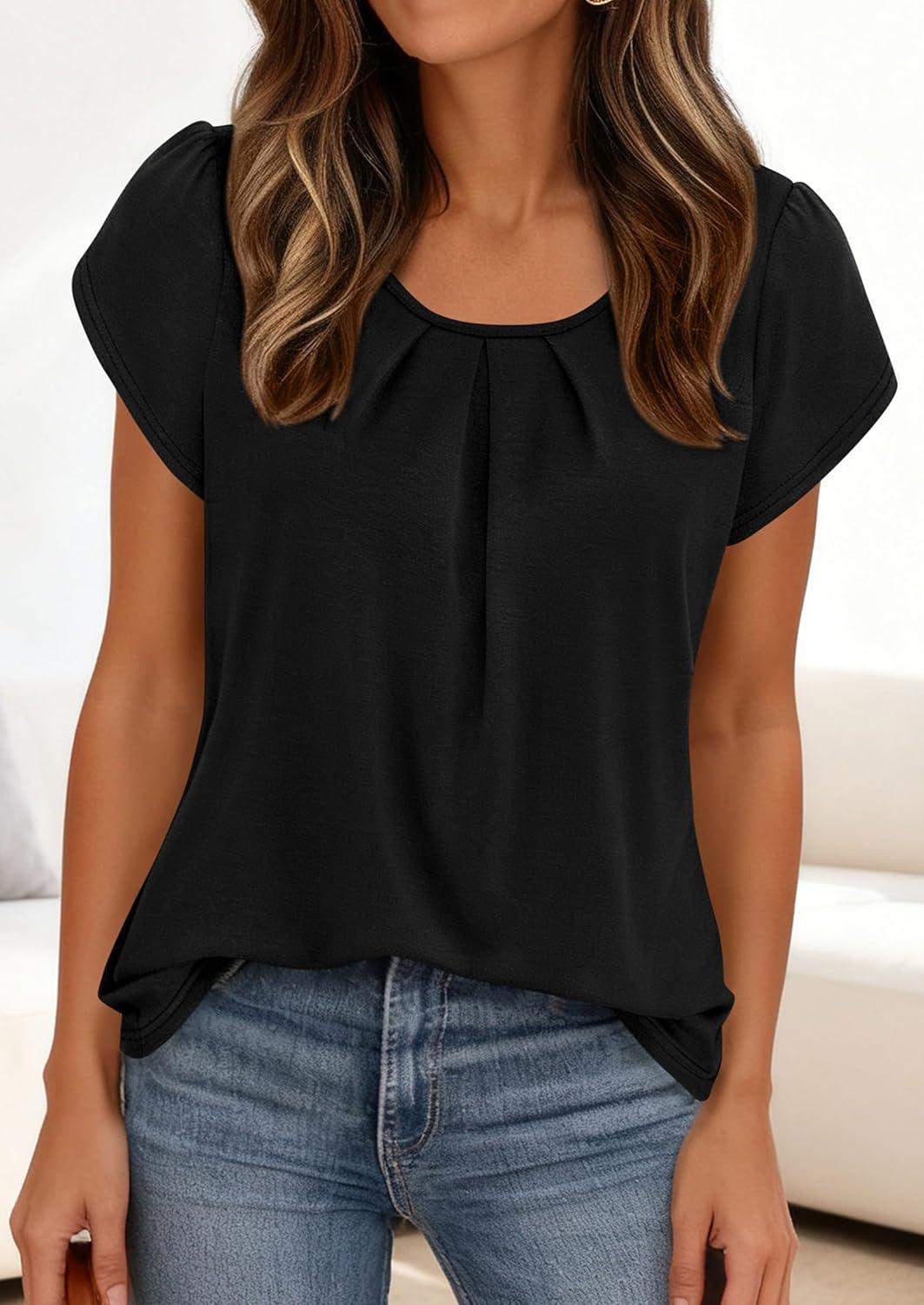 imagePRETTYGARDEN Womens Tops Dressy Casual Summer 2026 Short Sleeve Blouses Crew Neck Pleated Basic T Shirts Spring ClothesBlack