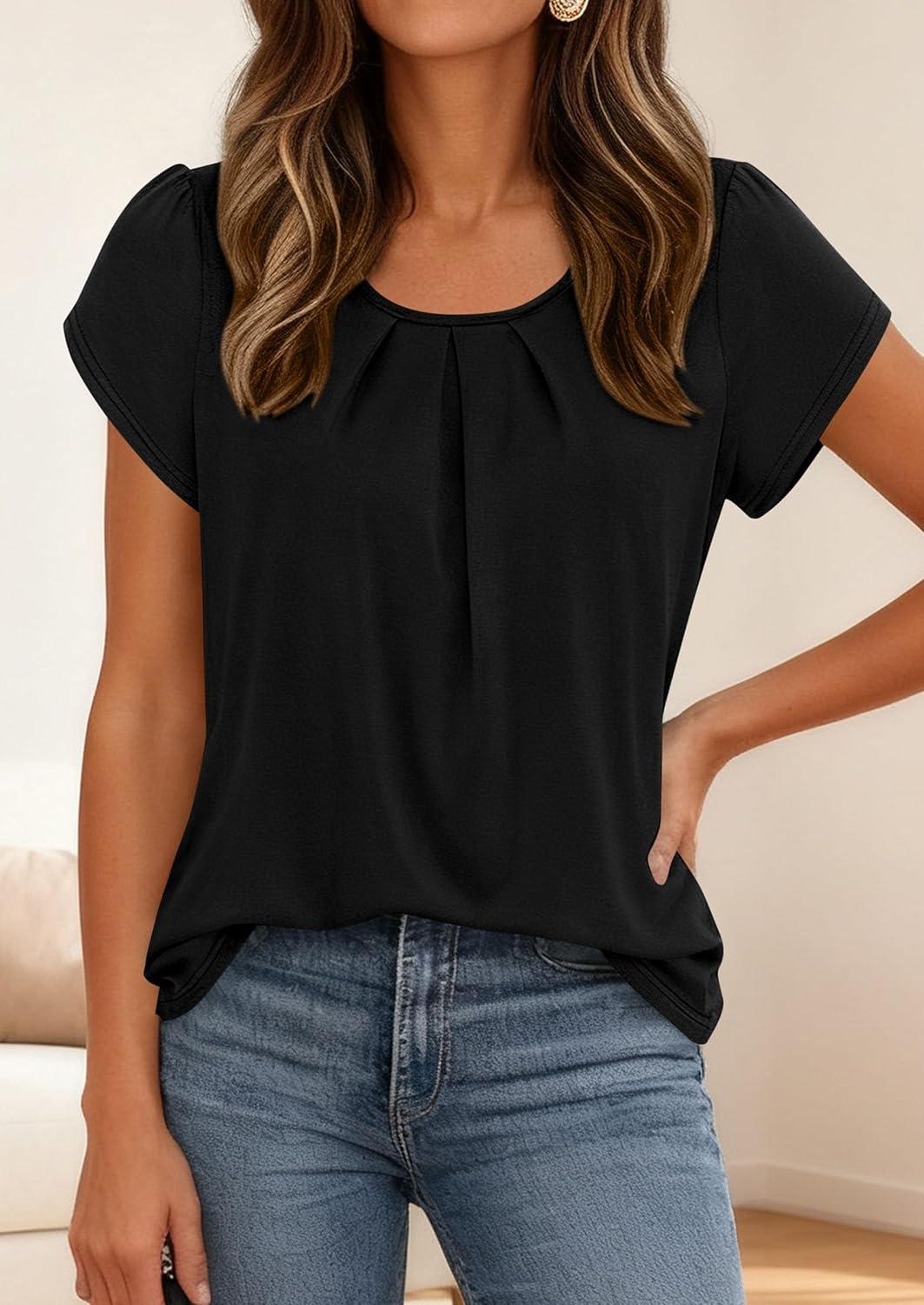 imagePRETTYGARDEN Womens Tops Dressy Casual Summer 2026 Short Sleeve Blouses Crew Neck Pleated Basic T Shirts Spring ClothesBlack