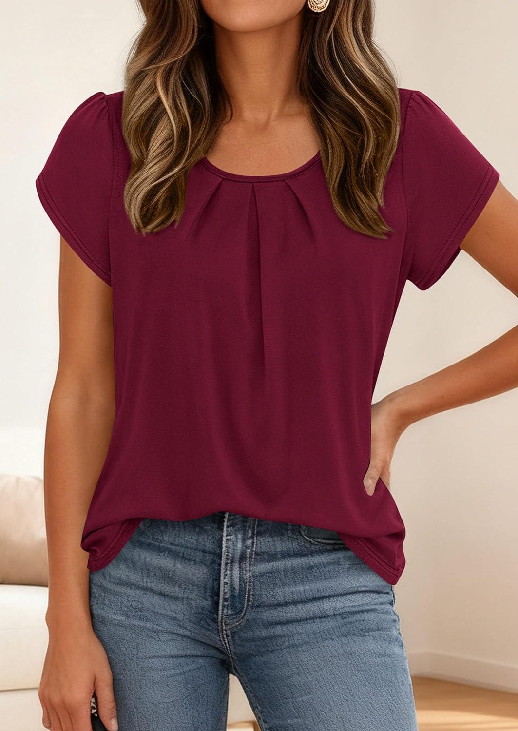 imagePRETTYGARDEN Womens Tops Dressy Casual Summer 2026 Short Sleeve Blouses Crew Neck Pleated Basic T Shirts Spring ClothesBurgundy