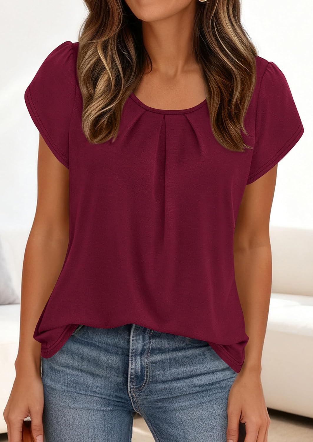 imagePRETTYGARDEN Womens Tops Dressy Casual Summer 2026 Short Sleeve Blouses Crew Neck Pleated Basic T Shirts Spring ClothesBurgundy