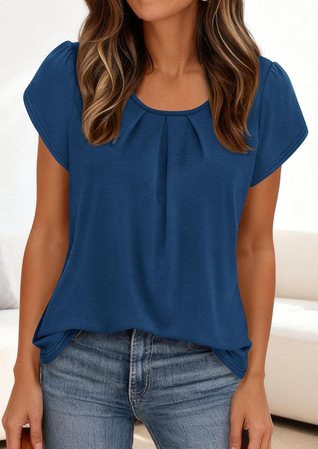 imagePRETTYGARDEN Womens Tops Dressy Casual Summer 2026 Short Sleeve Blouses Crew Neck Pleated Basic T Shirts Spring ClothesDark Blue