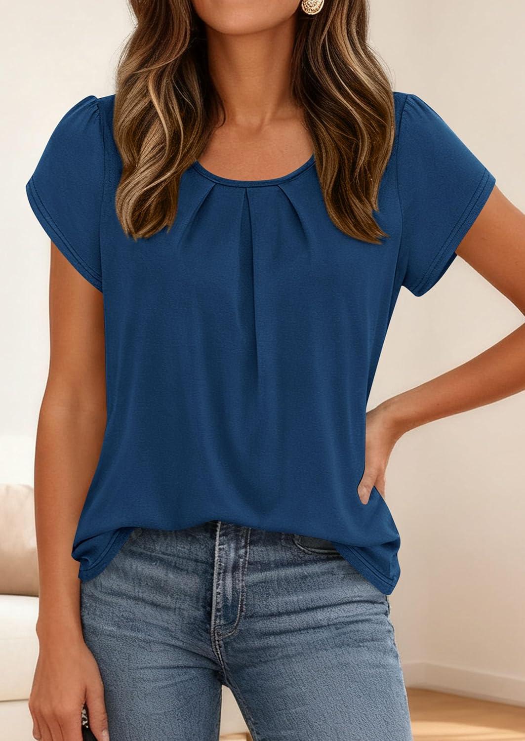 imagePRETTYGARDEN Womens Tops Dressy Casual Summer 2026 Short Sleeve Blouses Crew Neck Pleated Basic T Shirts Spring ClothesDark Blue