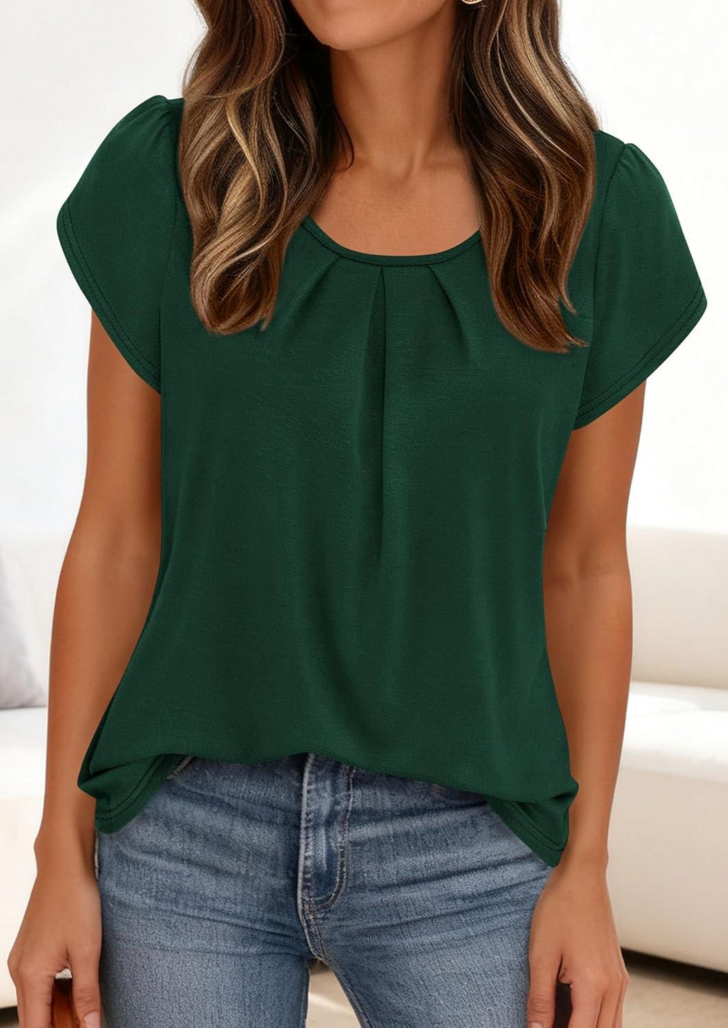 imagePRETTYGARDEN Womens Tops Dressy Casual Summer 2026 Short Sleeve Blouses Crew Neck Pleated Basic T Shirts Spring ClothesDark Green