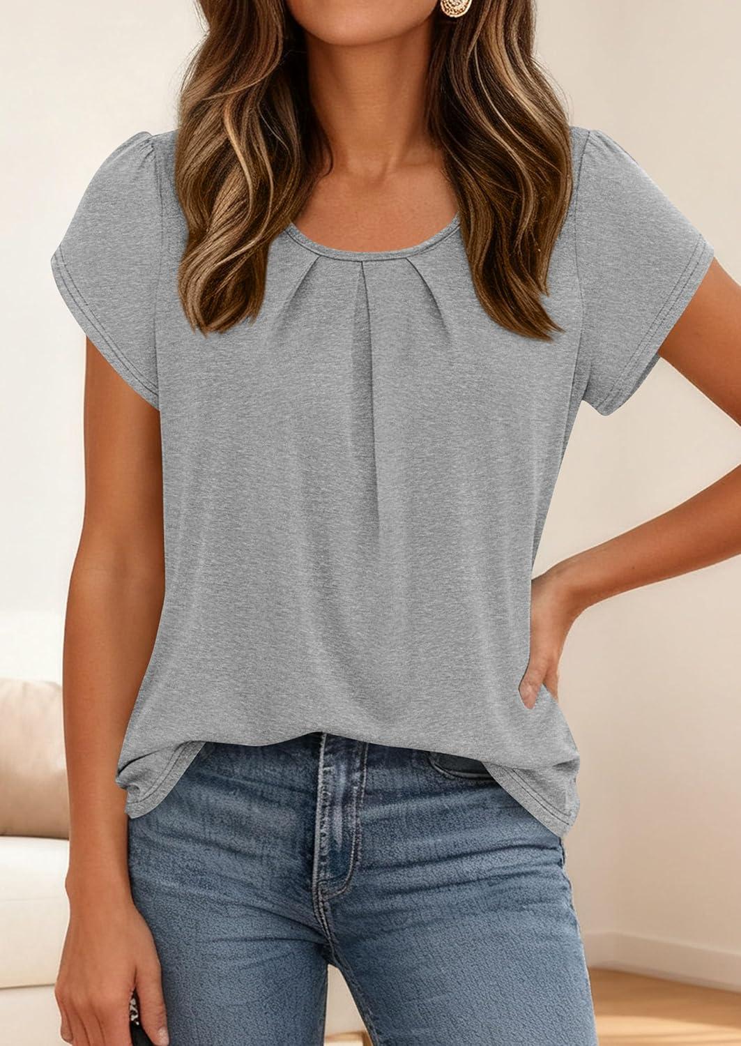 imagePRETTYGARDEN Womens Tops Dressy Casual Summer 2026 Short Sleeve Blouses Crew Neck Pleated Basic T Shirts Spring ClothesGrey