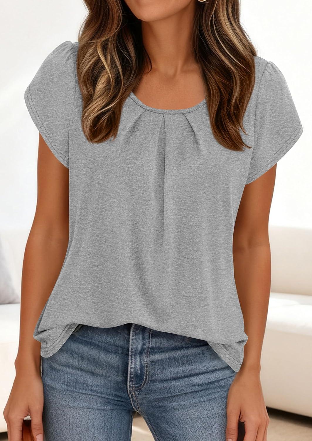 imagePRETTYGARDEN Womens Tops Dressy Casual Summer 2026 Short Sleeve Blouses Crew Neck Pleated Basic T Shirts Spring ClothesGrey