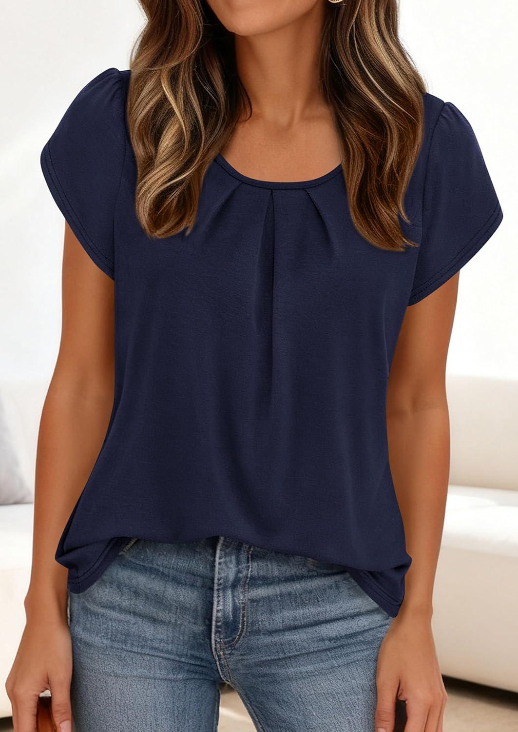 imagePRETTYGARDEN Womens Tops Dressy Casual Summer 2026 Short Sleeve Blouses Crew Neck Pleated Basic T Shirts Spring ClothesNavy Blue