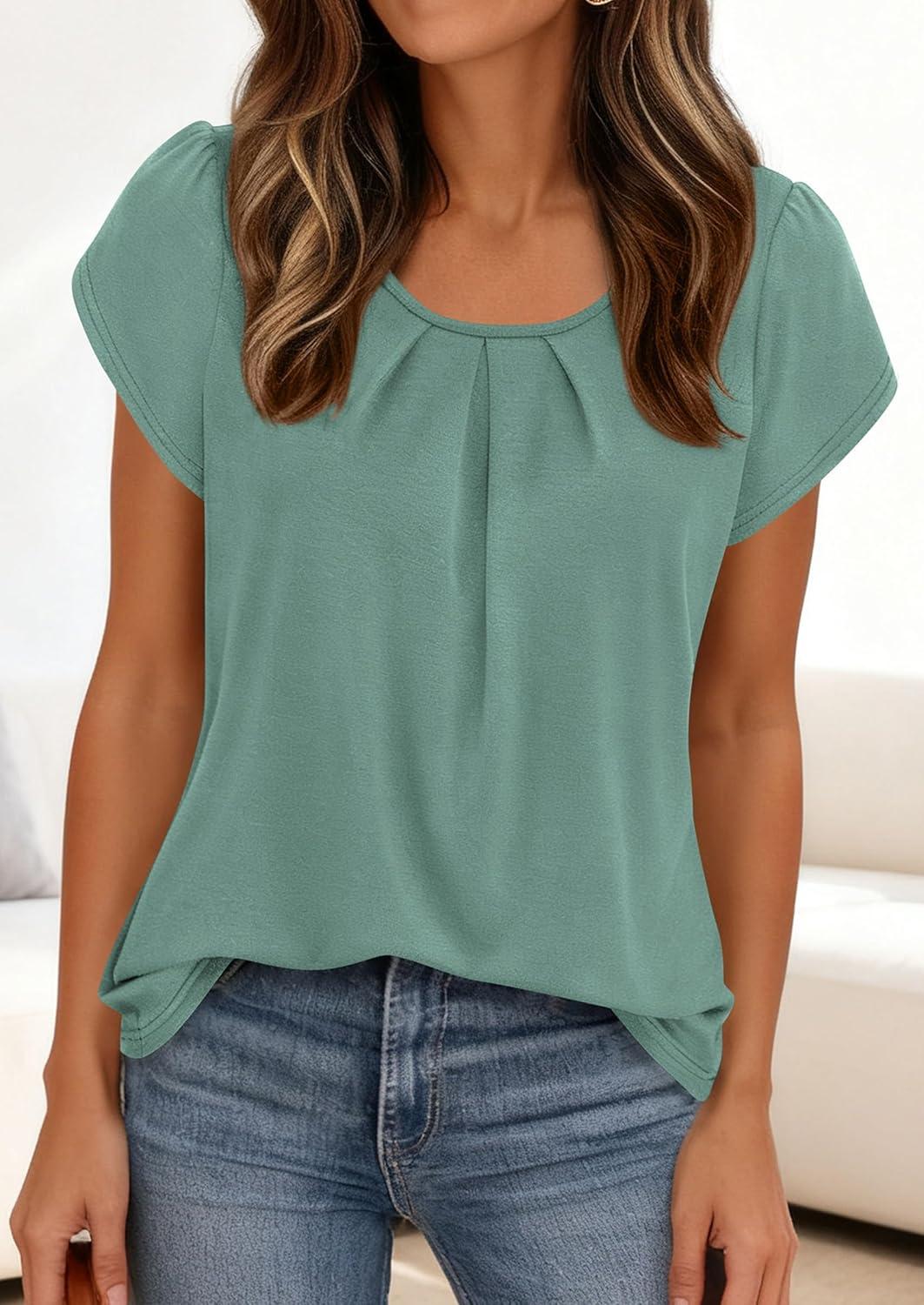 imagePRETTYGARDEN Womens Tops Dressy Casual Summer 2026 Short Sleeve Blouses Crew Neck Pleated Basic T Shirts Spring ClothesSage Green