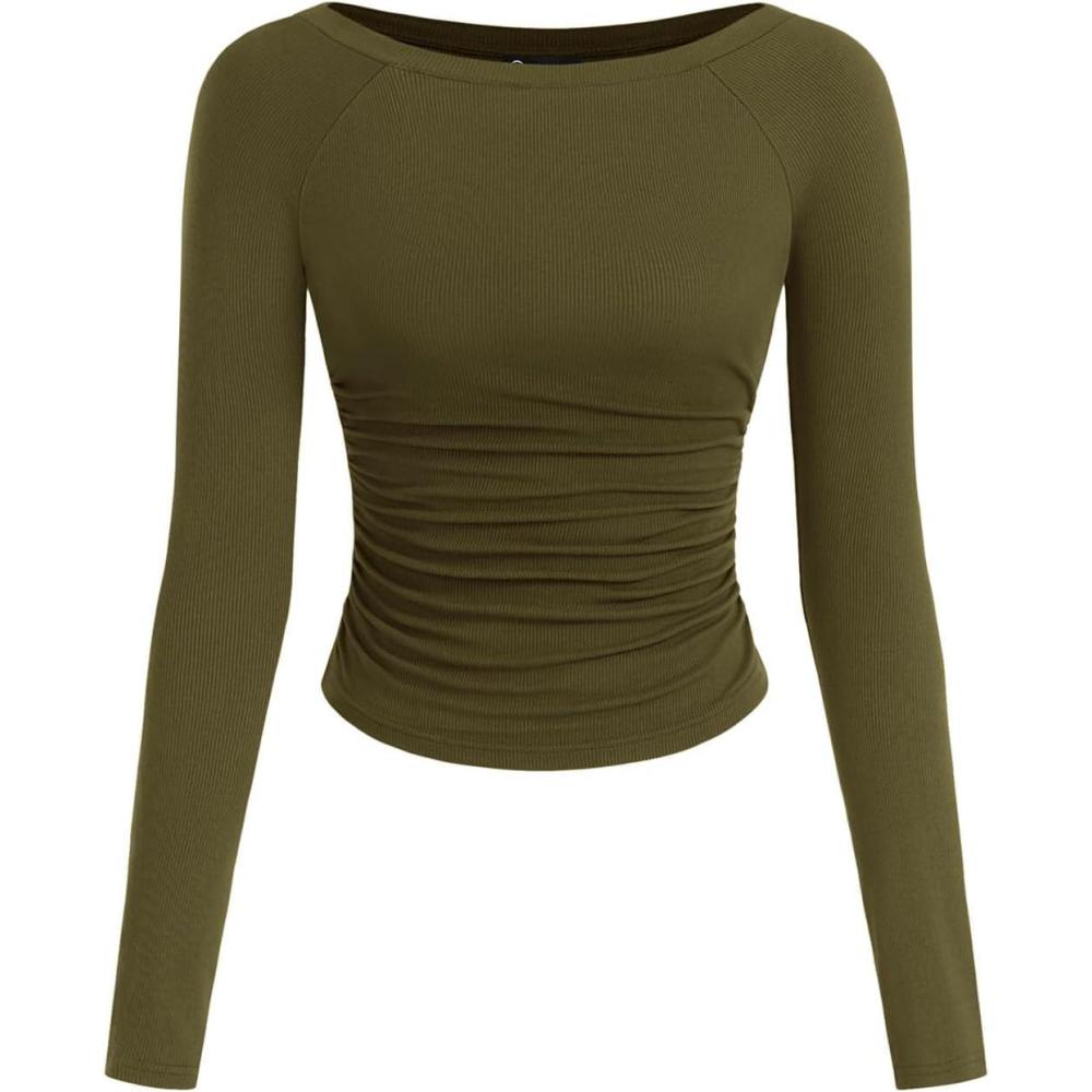imagePRETTYGARDEN Long Sleeve Shirts for Women 2026 Fall Ruched Sides Boat Neck Basic Tee Casual Fitted Ribbed Knit Crop TopsArmy Green