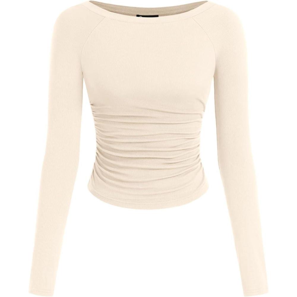 imagePRETTYGARDEN Long Sleeve Shirts for Women 2026 Fall Ruched Sides Boat Neck Basic Tee Casual Fitted Ribbed Knit Crop TopsBeige