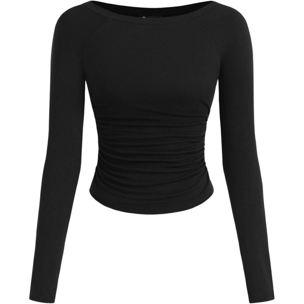 imagePRETTYGARDEN Long Sleeve Shirts for Women 2026 Fall Ruched Sides Boat Neck Basic Tee Casual Fitted Ribbed Knit Crop TopsBlack