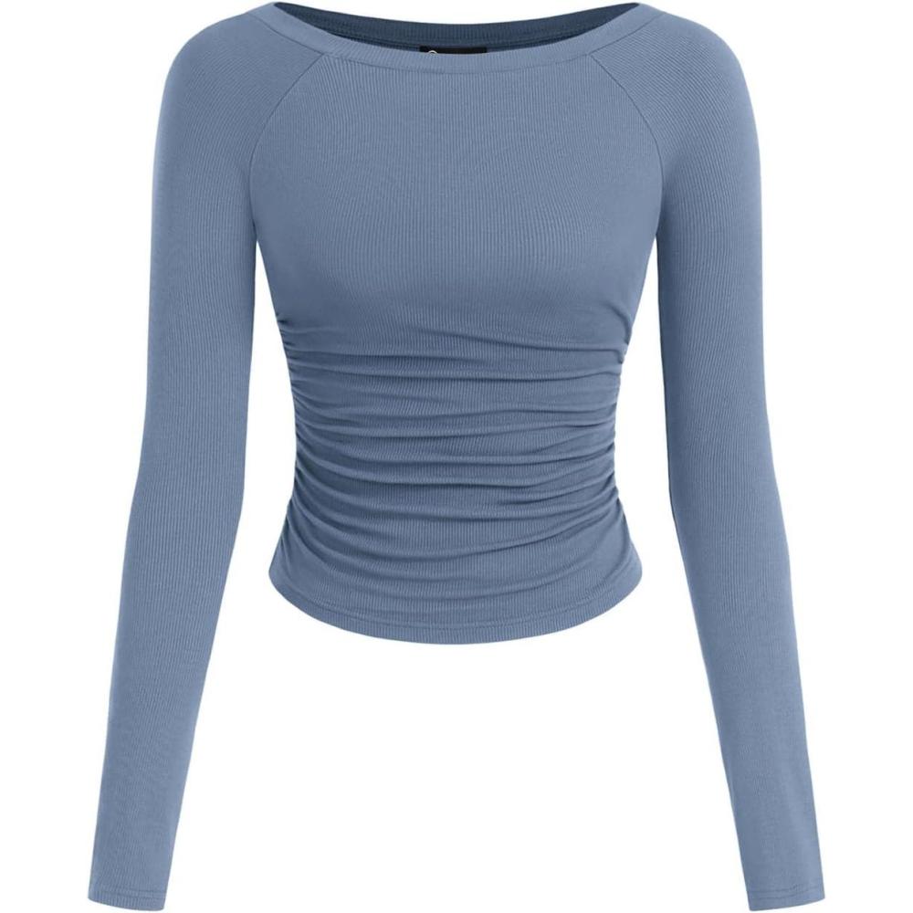 imagePRETTYGARDEN Long Sleeve Shirts for Women 2026 Fall Ruched Sides Boat Neck Basic Tee Casual Fitted Ribbed Knit Crop TopsBlue Grey